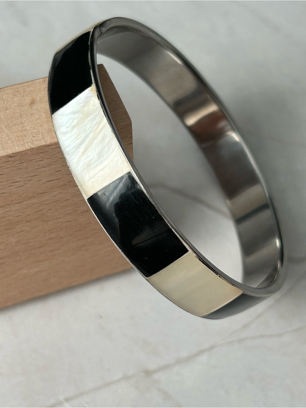 Abalone Mother of Pearl Black and Ivory Bangle Bracelet